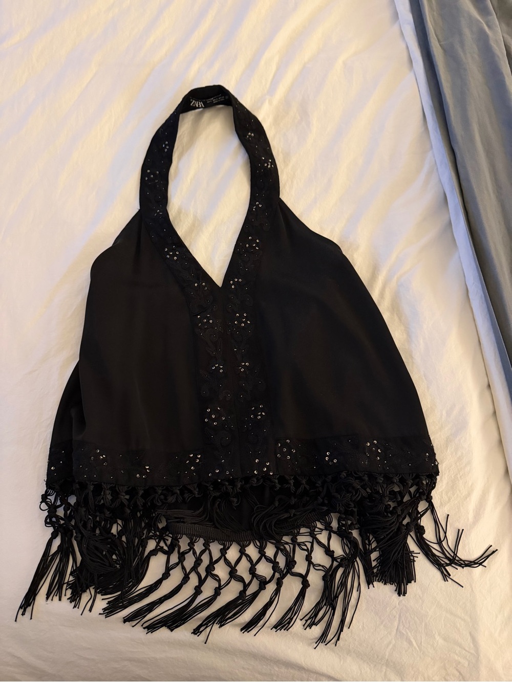 Zara Black Sparkle Fringe Halter Top